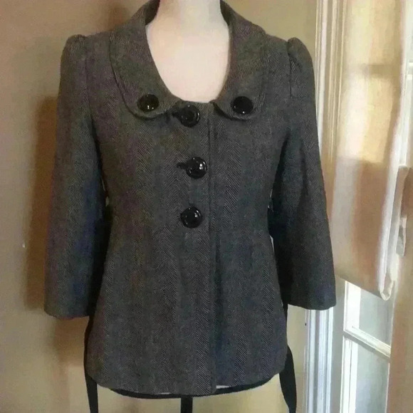 Womens Blazer Pea Vintage Looking Wool‎ Herringbone Belted Feminine Buttons M - Picture 9 of 13